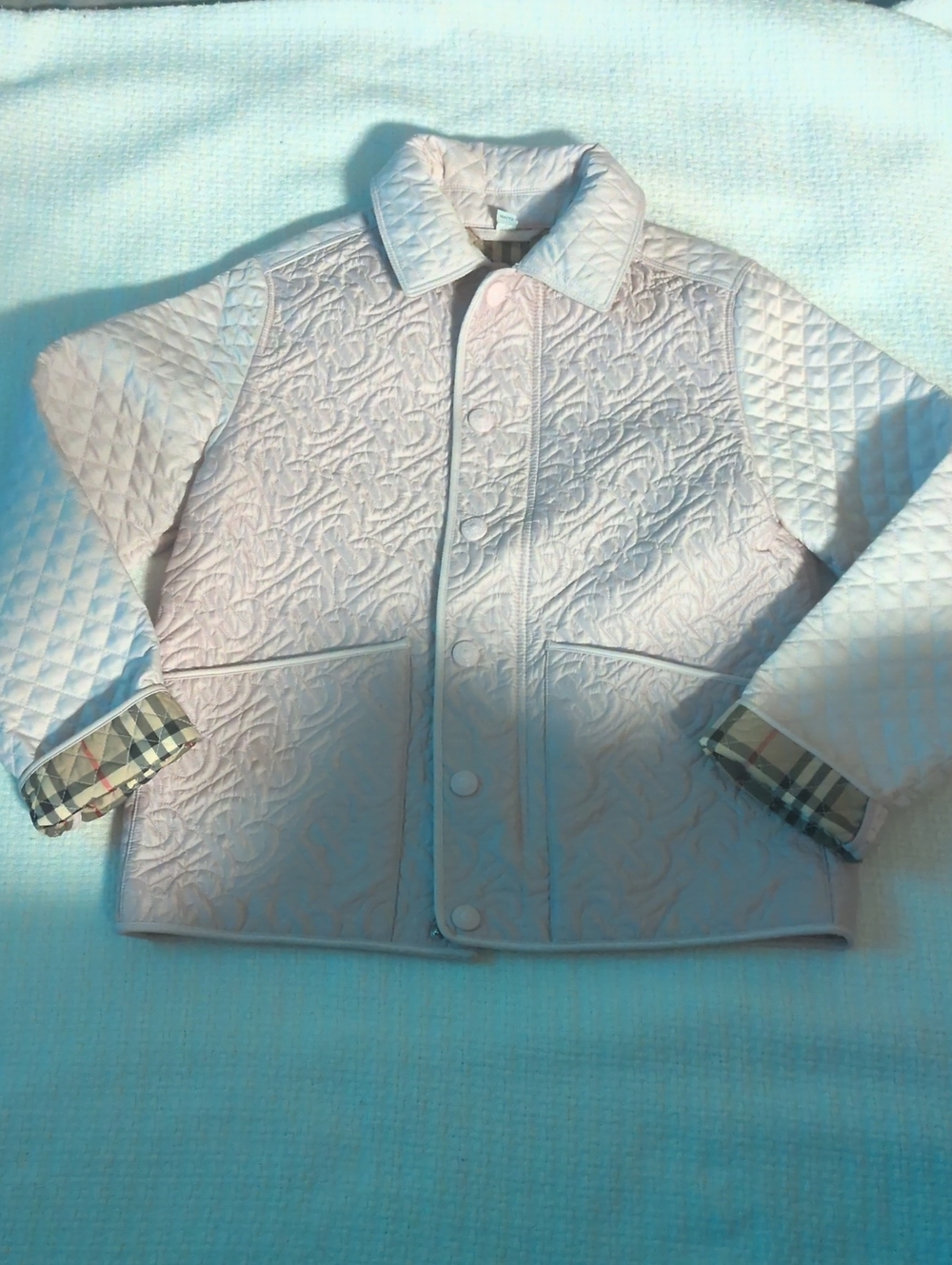 Burberry Light Pink Quilted Girls Jacket with Check Cuff Trim